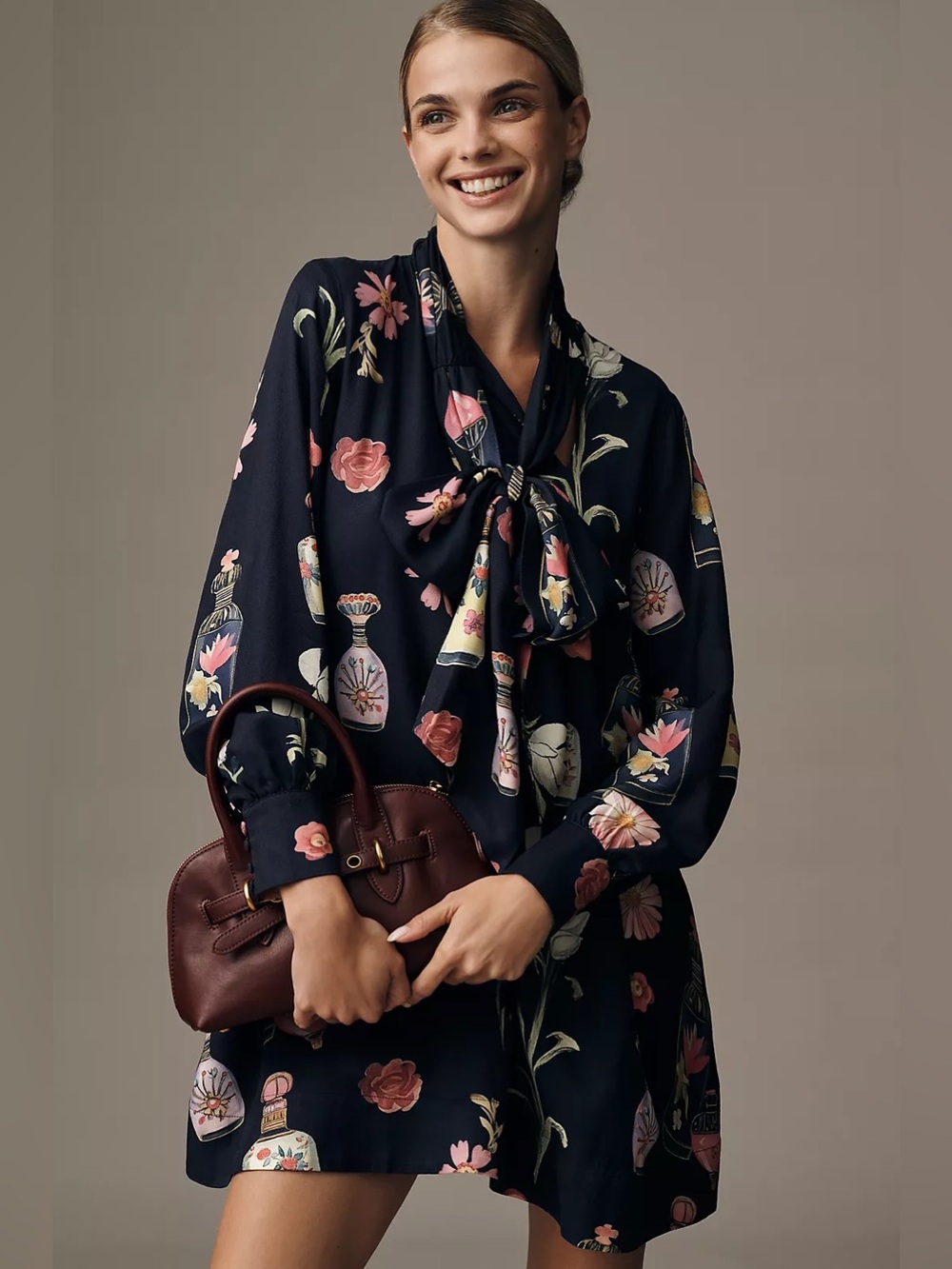 Anthropologie The Caroline Long-Sleeve Tie-Neck Mini Dress by Maeve Medium Navy